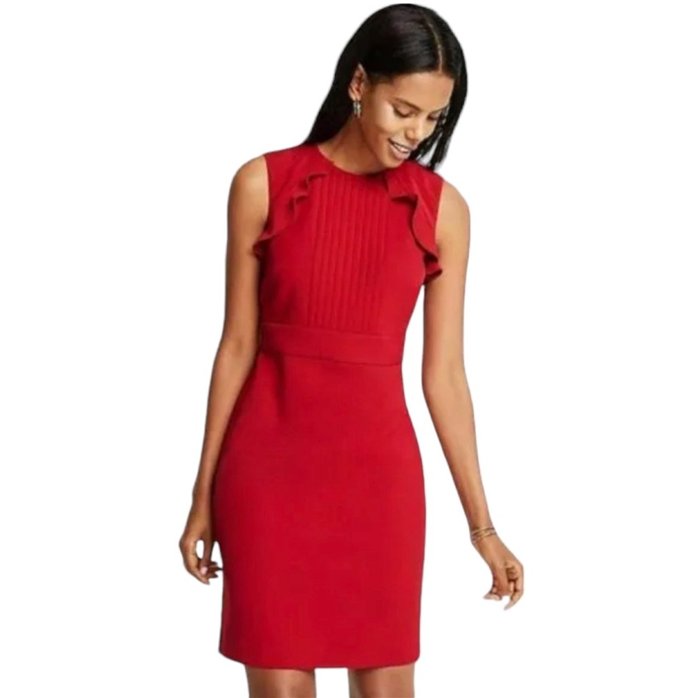 ANN TAYLOR Pleated Ruffle Sheath Dress In Morello Red - Size 8